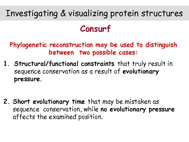 Investigating & visualizing protein structures Consurf Phylogenetic reconstruction may be used to distinguish between