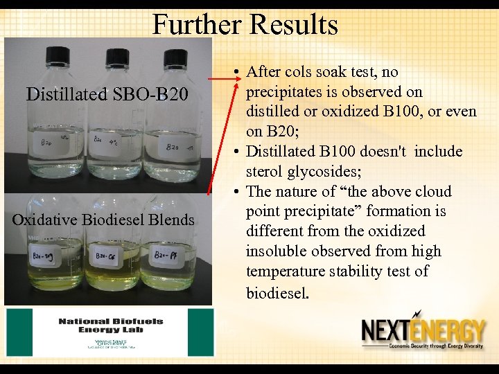 Further Results Distillated SBO-B 20 Oxidative Biodiesel Blends • After cols soak test, no