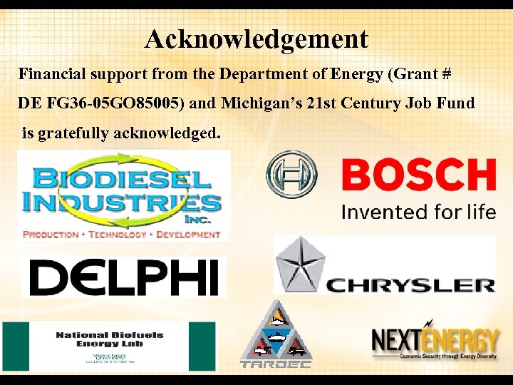 Acknowledgement Financial support from the Department of Energy (Grant # DE FG 36 -05