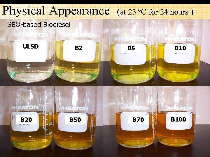 Physical Appearance (at 23 ºC for 24 hours ) SBO-based Biodiesel ULSD B 20