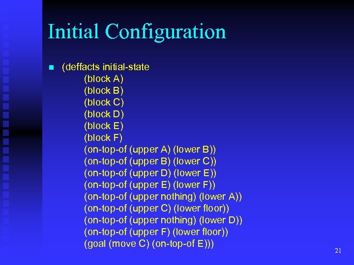 Initial Configuration n (deffacts initial-state (block A) (block B) (block C) (block D) (block