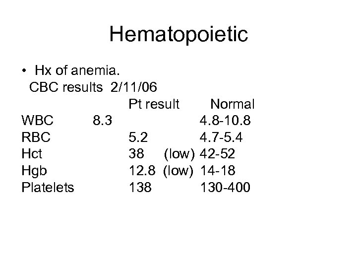 Hematopoietic • Hx of anemia. CBC results 2/11/06 Pt result WBC 8. 3 RBC