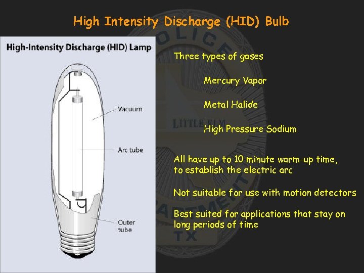 High Intensity Discharge (HID) Bulb Three types of gases Mercury Vapor Metal Halide High