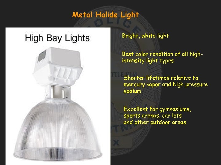 Metal Halide Light Bright, white light Best color rendition of all highintensity light types