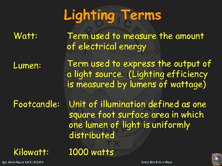 Lighting Terms Watt: Term used to measure the amount of electrical energy Lumen: Term