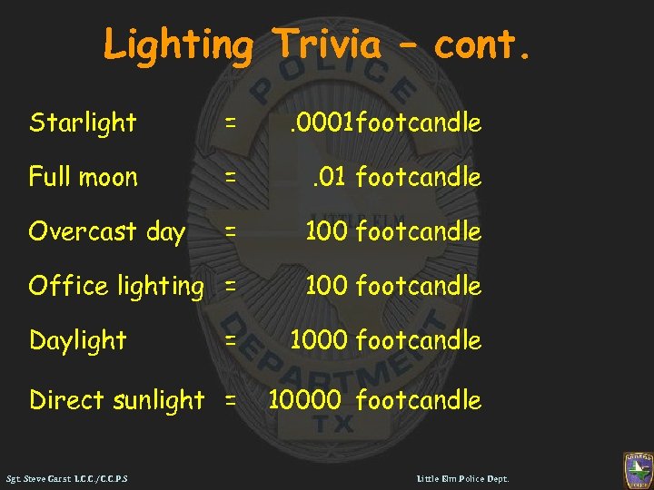 Lighting Trivia – cont. Starlight = . 0001 footcandle Full moon = . 01