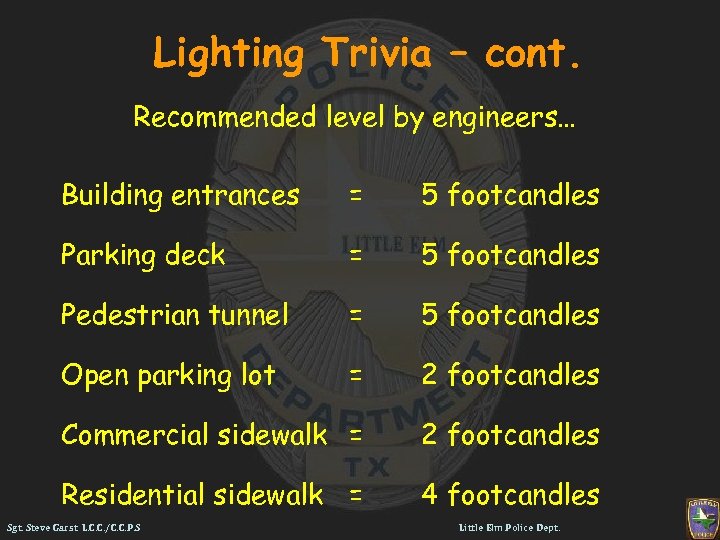 Lighting Trivia – cont. Recommended level by engineers… Building entrances = 5 footcandles Parking