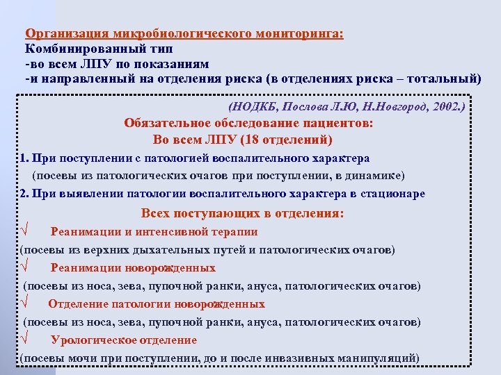 Организация микробиологического мониторинга: Комбинированный тип -во всем ЛПУ по показаниям -и направленный на отделения