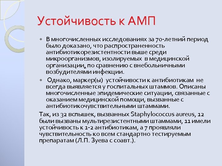 Устойчивость к АМП В многочисленных исследованиях за 70 -летний период было доказано, что распространенность