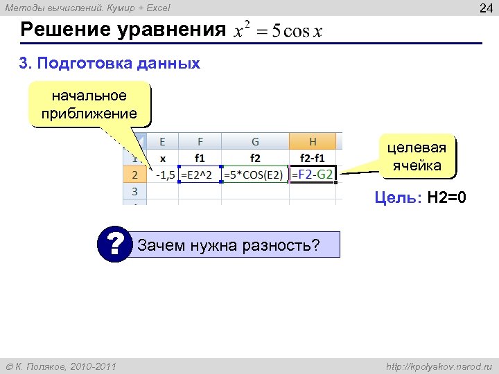 24 Методы вычислений. Кумир + Excel Решение уравнения 3. Подготовка данных начальное приближение целевая