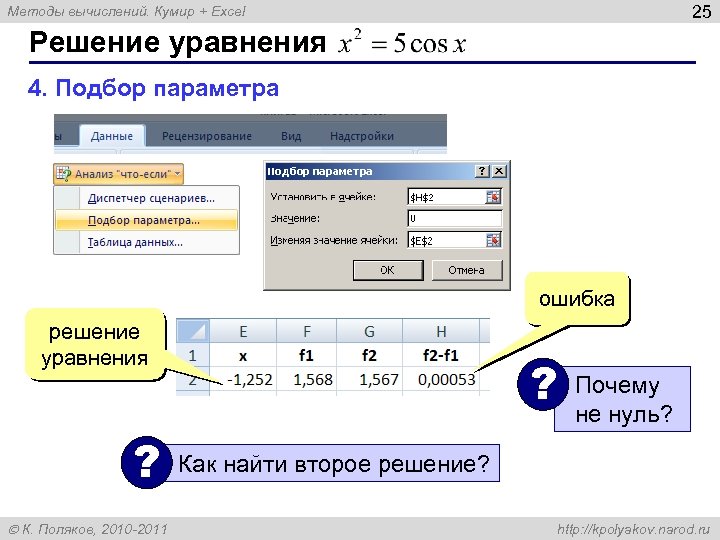 25 Методы вычислений. Кумир + Excel Решение уравнения 4. Подбор параметра ошибка решение уравнения