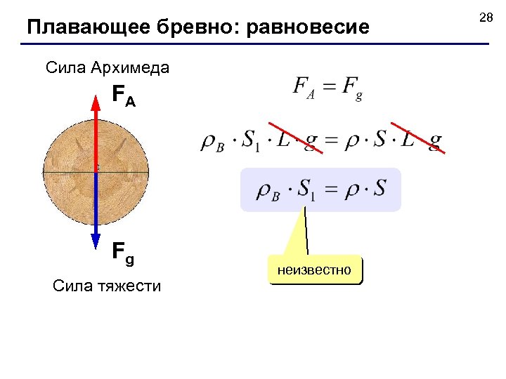 Плавающее бревно: равновесие Сила Архимеда FA Fg Сила тяжести неизвестно 28 