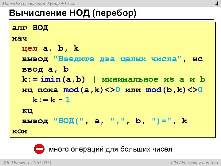 4 Методы вычислений. Кумир + Excel Вычисление НОД (перебор) алг НОД нач цел a,