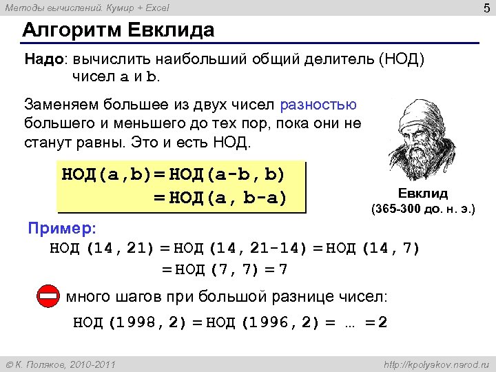 5 Методы вычислений. Кумир + Excel Алгоритм Евклида Надо: вычислить наибольший общий делитель (НОД)