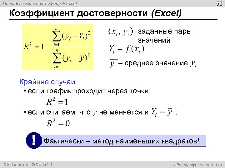 50 Методы вычислений. Кумир + Excel Коэффициент достоверности (Excel) заданные пары значений – среднее