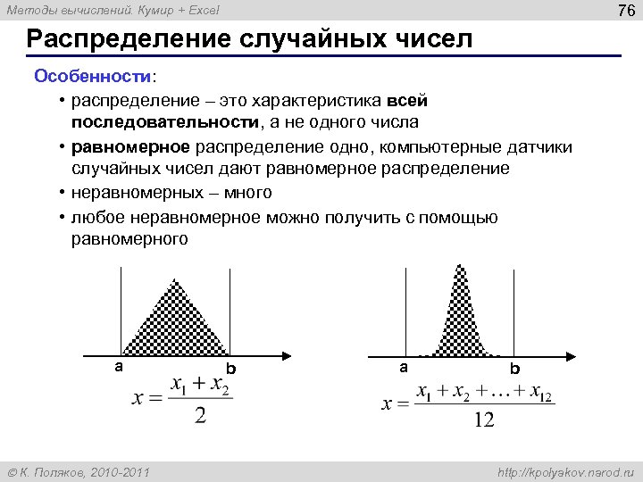 76 Методы вычислений. Кумир + Excel Распределение случайных чисел Особенности: • распределение – это