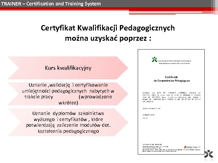 TRAINER – Certification and Training System Certyfikat Kwalifikacji Pedagogicznych można uzyskać poprzez : Kurs