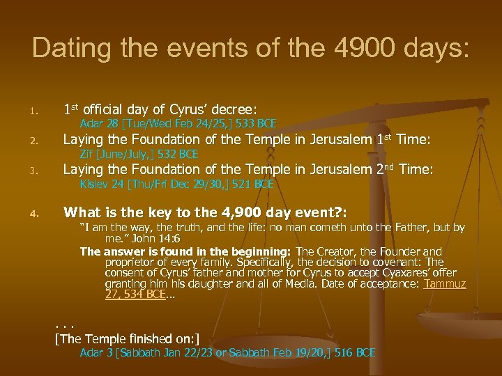 Dating the events of the 4900 days: 1. 1 st official day of Cyrus’