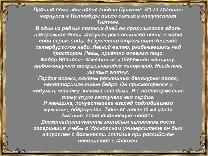 Прошло семь лет после гибели Пушкина. Из-за границы вернулся в Петербург после долгого отсутствия