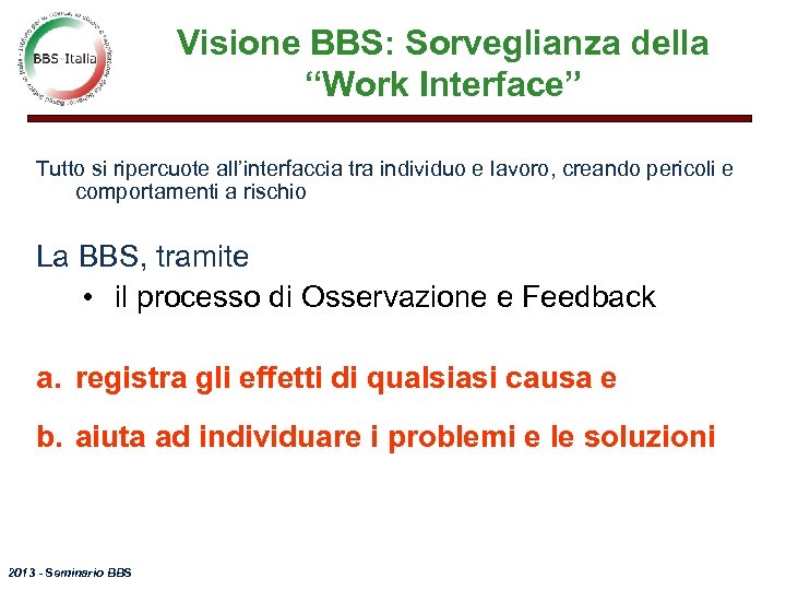 Visione BBS: Sorveglianza della “Work Interface” Tutto si ripercuote all’interfaccia tra individuo e lavoro,
