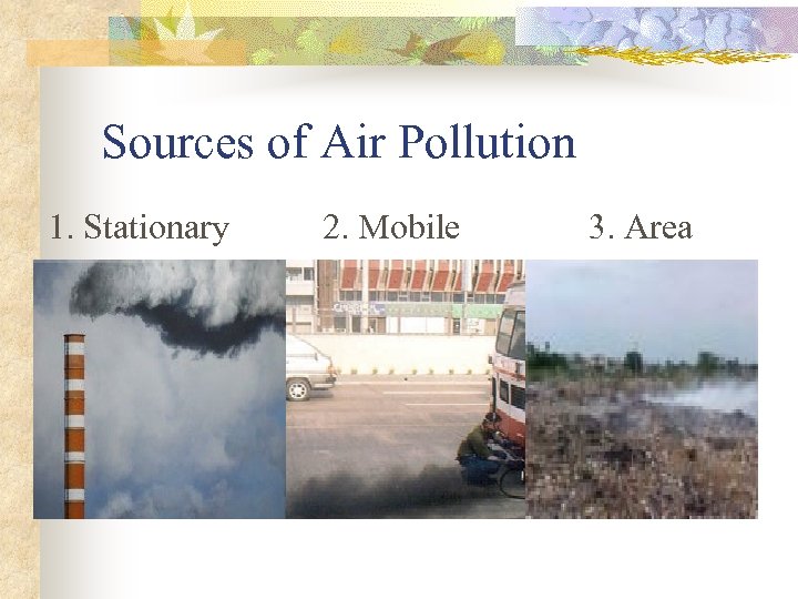 Sources of Air Pollution 1. Stationary 2. Mobile 3. Area 