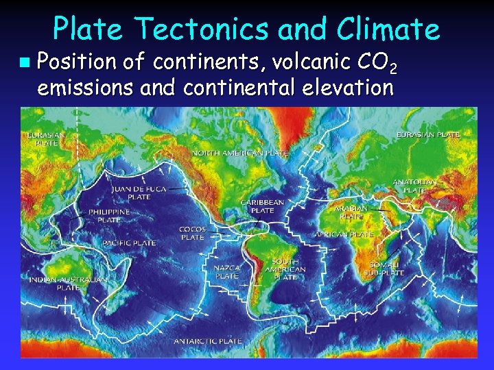 Plate Tectonics and Climate n Position of continents, volcanic CO 2 emissions and continental