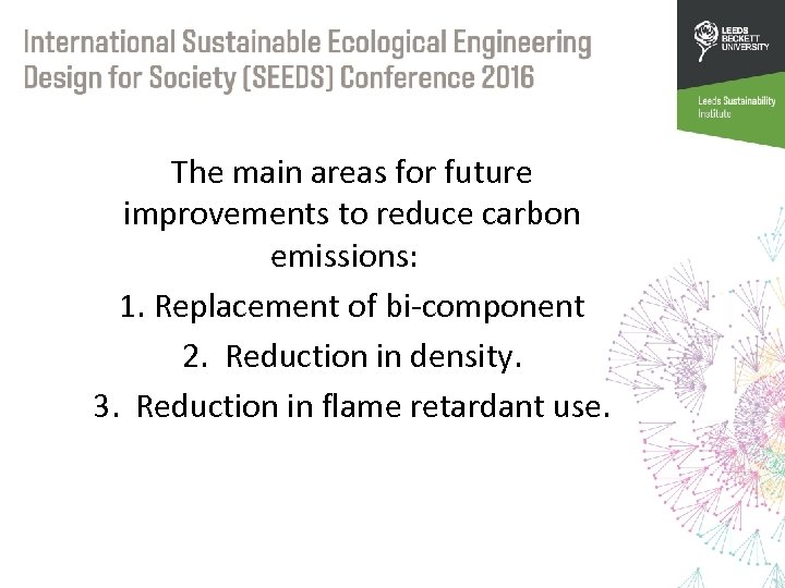 The main areas for future improvements to reduce carbon emissions: 1. Replacement of bi-component