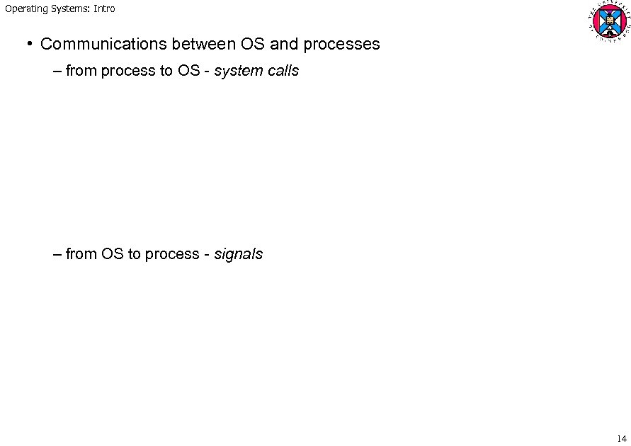 Operating Systems: Intro • Communications between OS and processes – from process to OS
