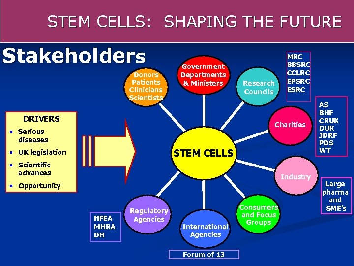 STEM CELLS: SHAPING THE FUTURE Stakeholders Donors Patients Clinicians Scientists Government Departments Government &