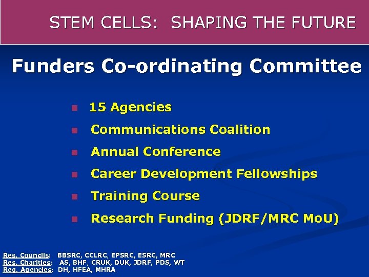 STEM CELLS: SHAPING THE FUTURE Funders Co-ordinating Committee n 15 Agencies n Communications Coalition