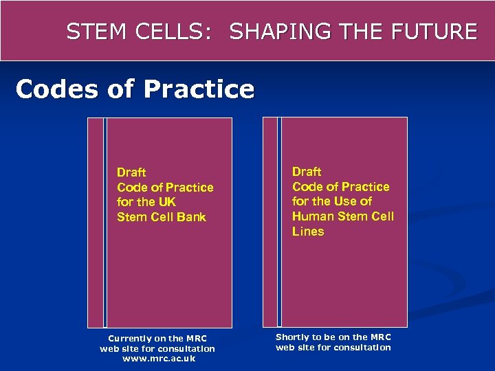 STEM CELLS: SHAPING THE FUTURE Codes of Practice Draft Code of Practice for the