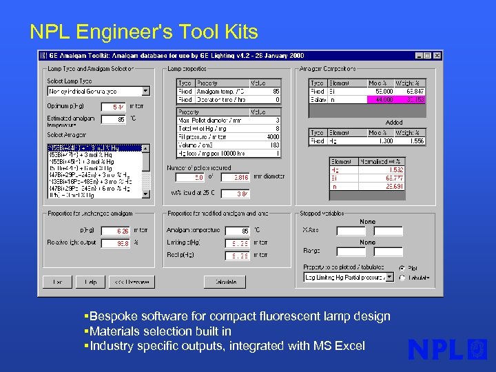 NPL Engineer's Tool Kits §Bespoke software for compact fluorescent lamp design §Materials selection built