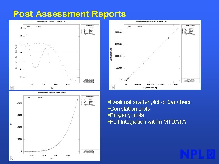 Post Assessment Reports §Residual scatter plot or bar chars §Correlation plots §Property plots §Full