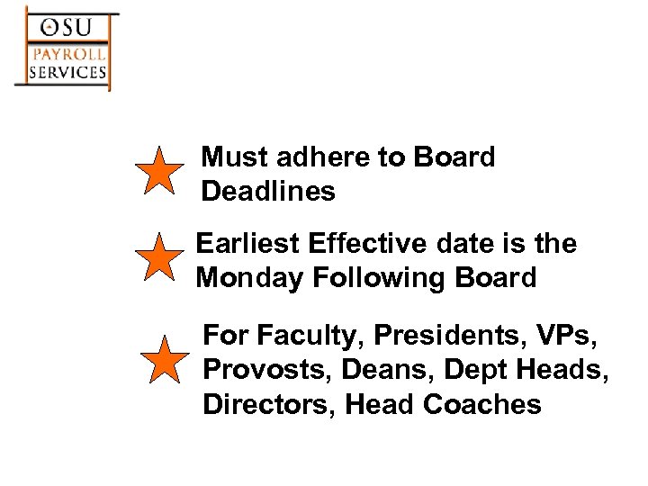 Must adhere to Board Deadlines Earliest Effective date is the Monday Following Board For