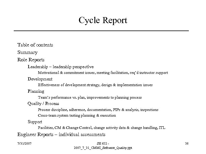 Cycle Report Table of contents Summary Role Reports Leadership – leadership perspective Motivational &