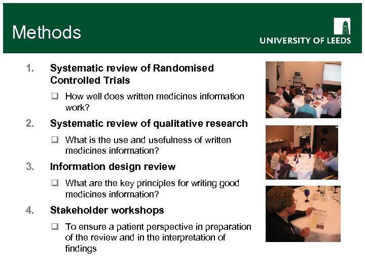 Methods 1. Systematic review of Randomised Controlled Trials q How well does written medicines