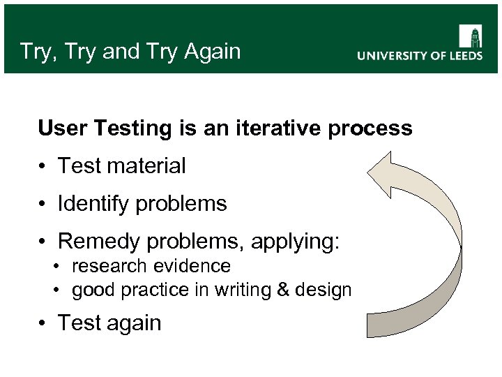 Try, Try and Try Again User Testing is an iterative process • Test material