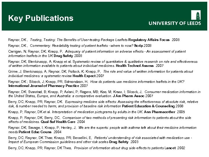 Key Publications Raynor, DK , Testing, Testing: The Benefits of User-testing Package Leaflets Regulatory