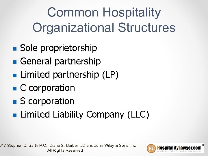 Common Hospitality Organizational Structures n n n Sole proprietorship General partnership Limited partnership (LP)