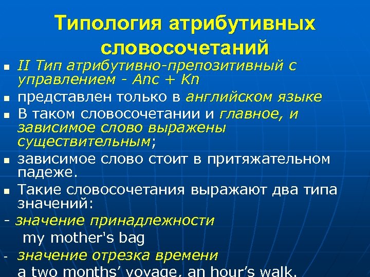 Типология атрибутивных словосочетаний II Тип атрибутивно-препозитивный с управлением - Anc + Kn n представлен