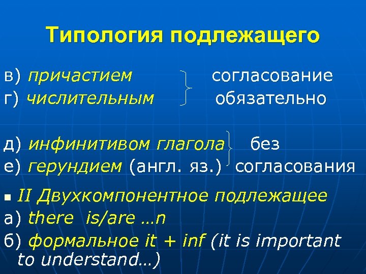 Типология подлежащего в) причастием г) числительным согласование обязательно д) инфинитивом глагола без е) герундием