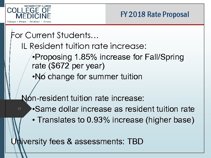 FY 2018 Rate Proposal For Current Students… IL Resident tuition rate increase: • Proposing