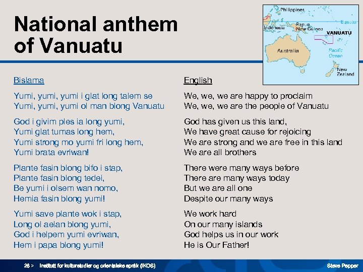 National anthem of Vanuatu Bislama English Yumi, yumi i glat long talem se Yumi,