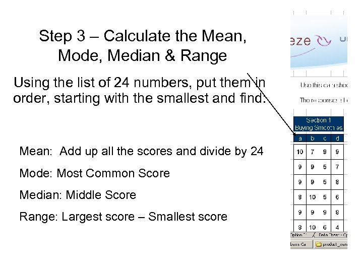 Step 3 – Calculate the Mean, Mode, Median & Range Using the list of