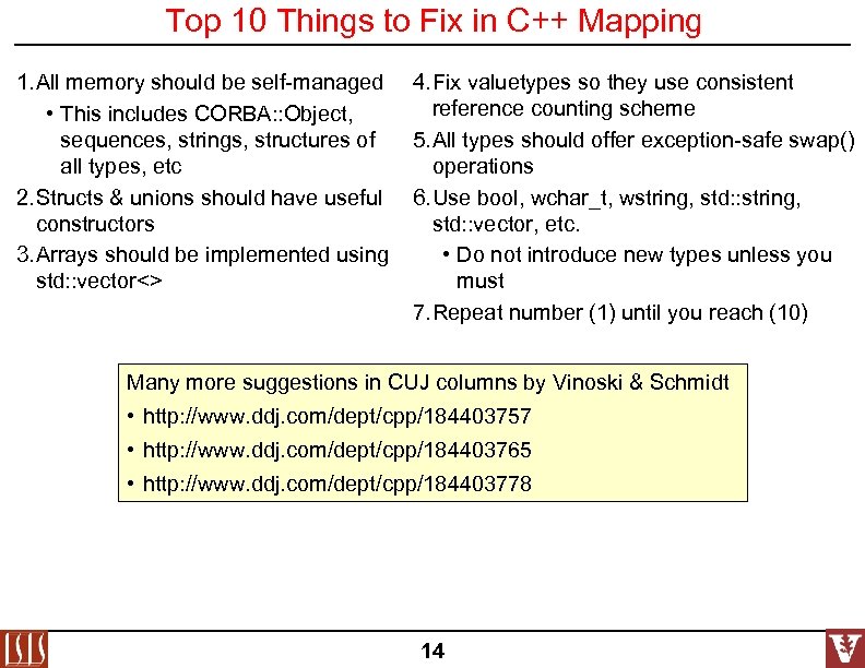 Top 10 Things to Fix in C++ Mapping 1. All memory should be self-managed