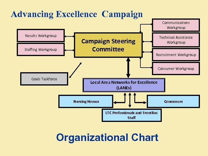 Advancing Excellence Campaign Communications Workgroup Results Workgroup Staffing Workgroup Campaign Steering Committee Technical Assistance