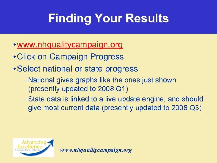 Finding Your Results • www. nhqualitycampaign. org • Click on Campaign Progress • Select