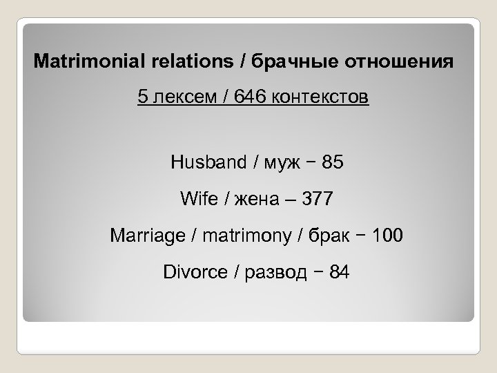 Matrimonial relations / брачные отношения 5 лексем / 646 контекстов Husband / муж −