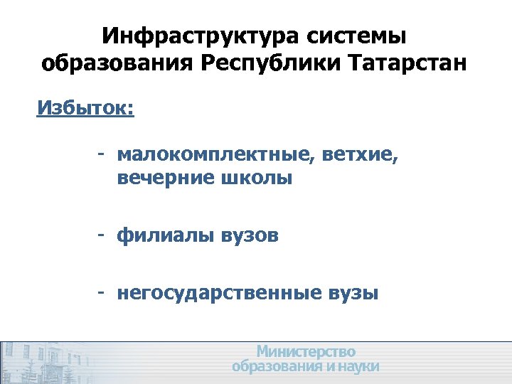 Инфраструктура системы образования Республики Татарстан Избыток: - малокомплектные, ветхие, вечерние школы - филиалы вузов