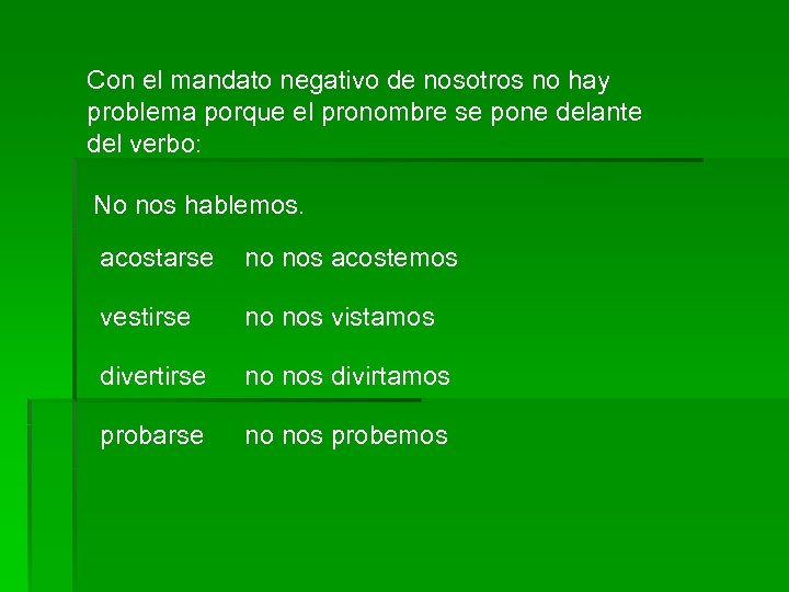 Con el mandato negativo de nosotros no hay problema porque el pronombre se pone